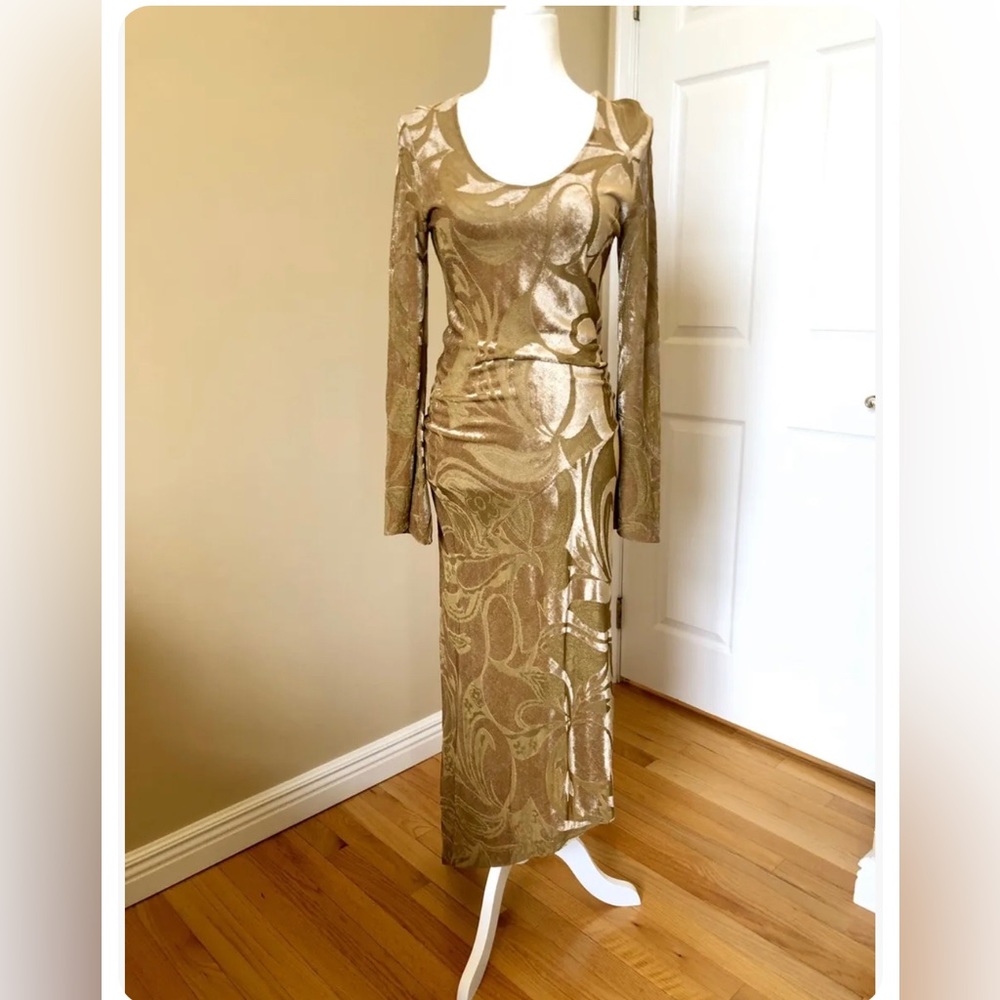 Jan & Carlos Gold Velvet Burn Out Asymmetrical High Low Gown Dress